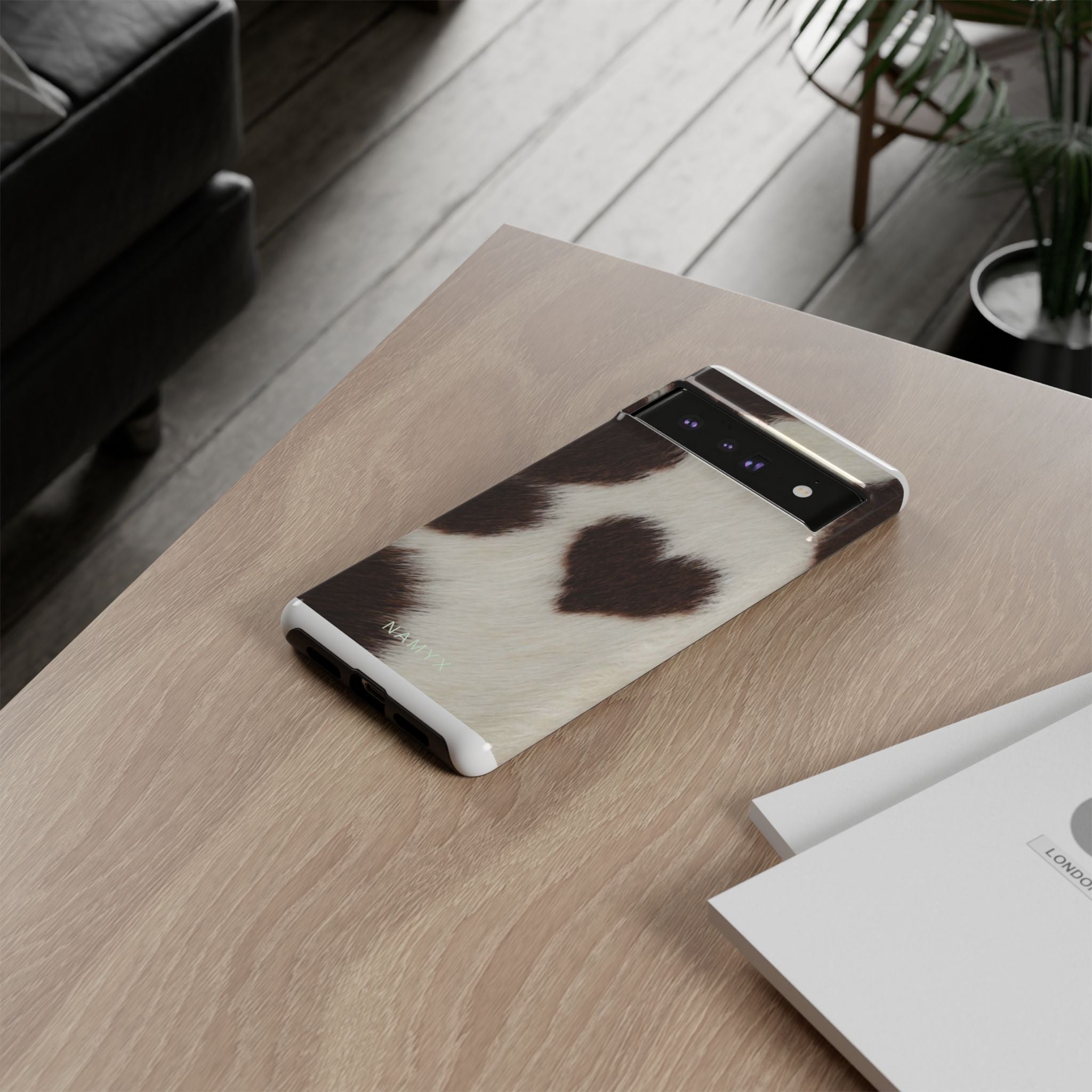 Cowhide Heart Phone Case — Cute Cow Print Protective iPhone Cover