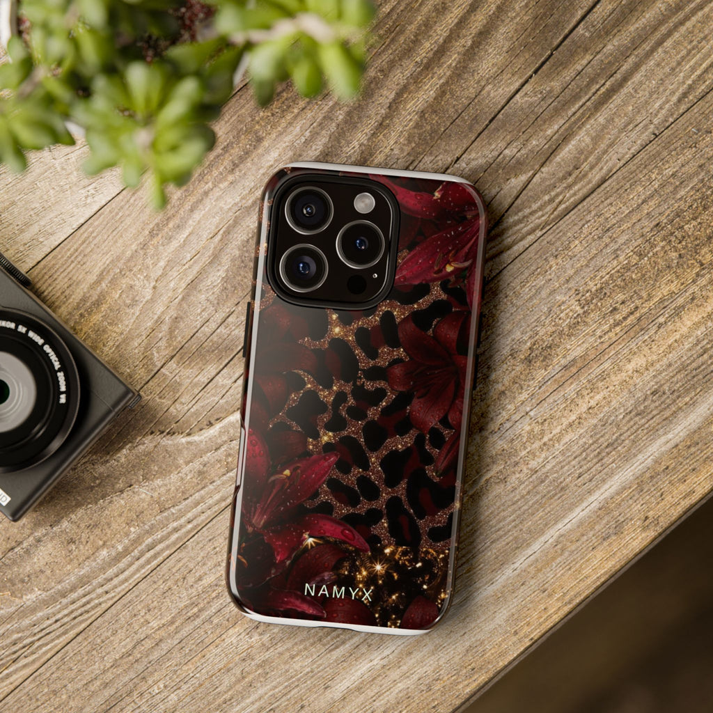 Protective Phone Case — Burgundy Floral & Gold Leopard Print Tough Case