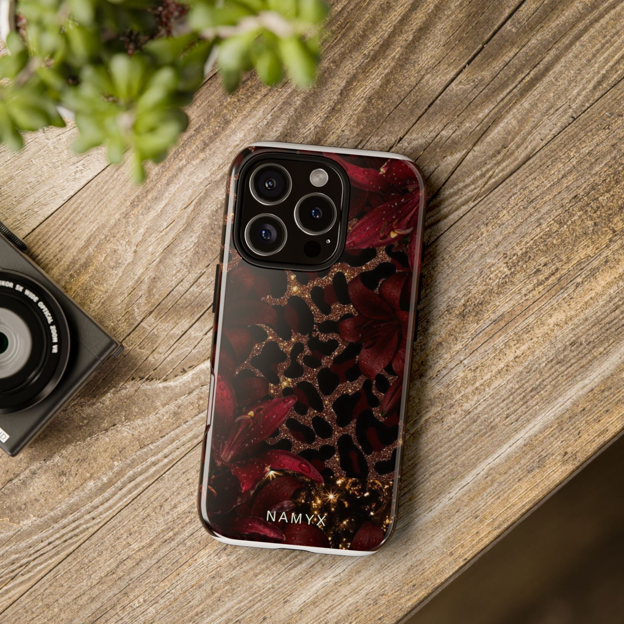 Protective Phone Case — Burgundy Floral & Gold Leopard Print Tough Case