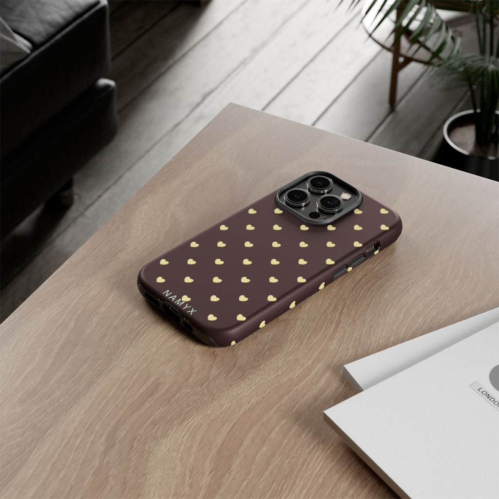 Tough Case — Brown Phone Case with Cream Heart Pattern