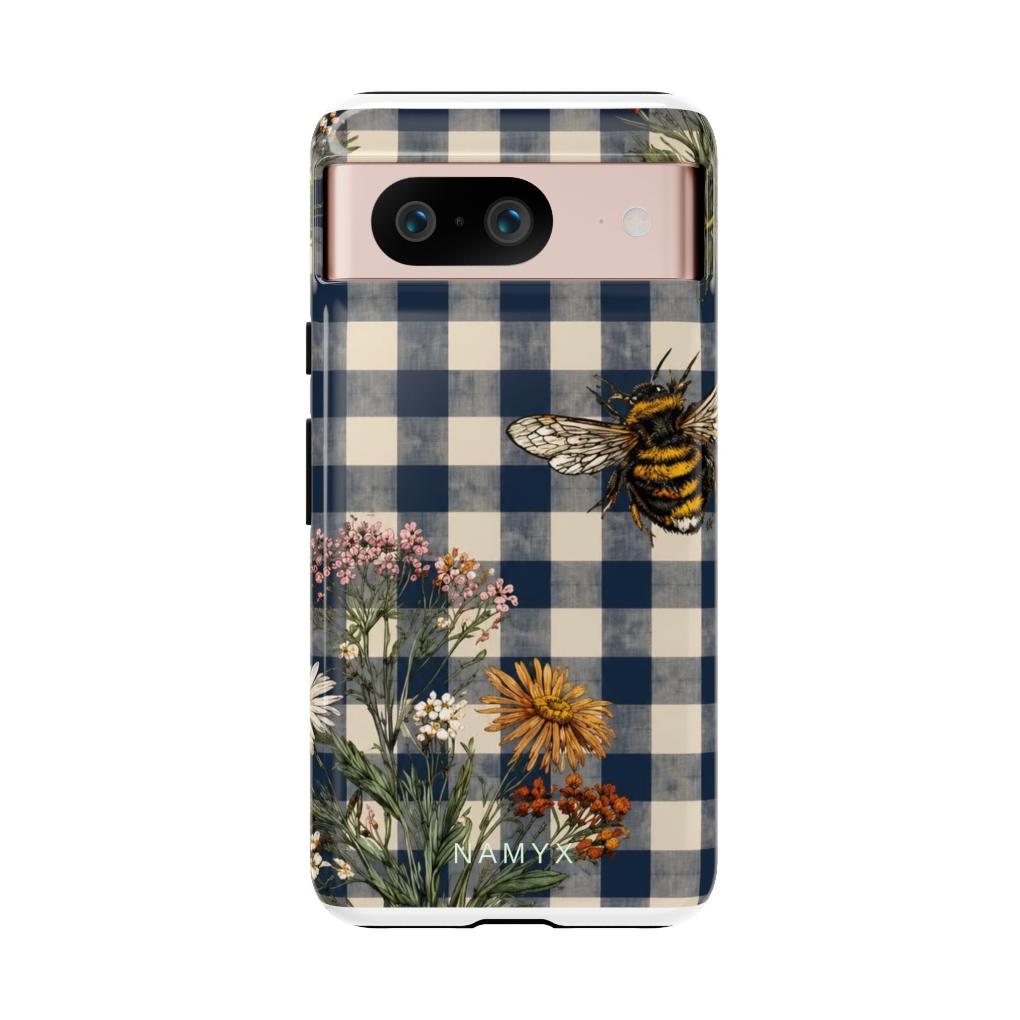 Bee & Wildflower Plaid Phone Case — Navy Buffalo Check Floral iPhone Cover