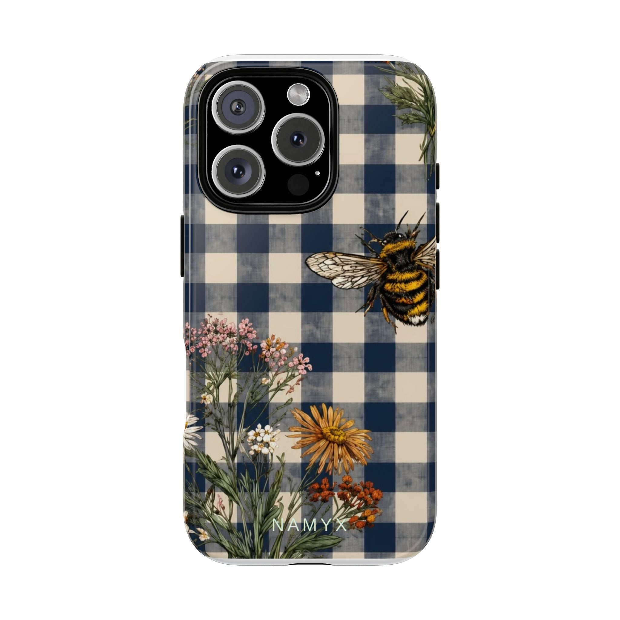 Bee & Wildflower Plaid Phone Case — Navy Buffalo Check Floral iPhone Cover