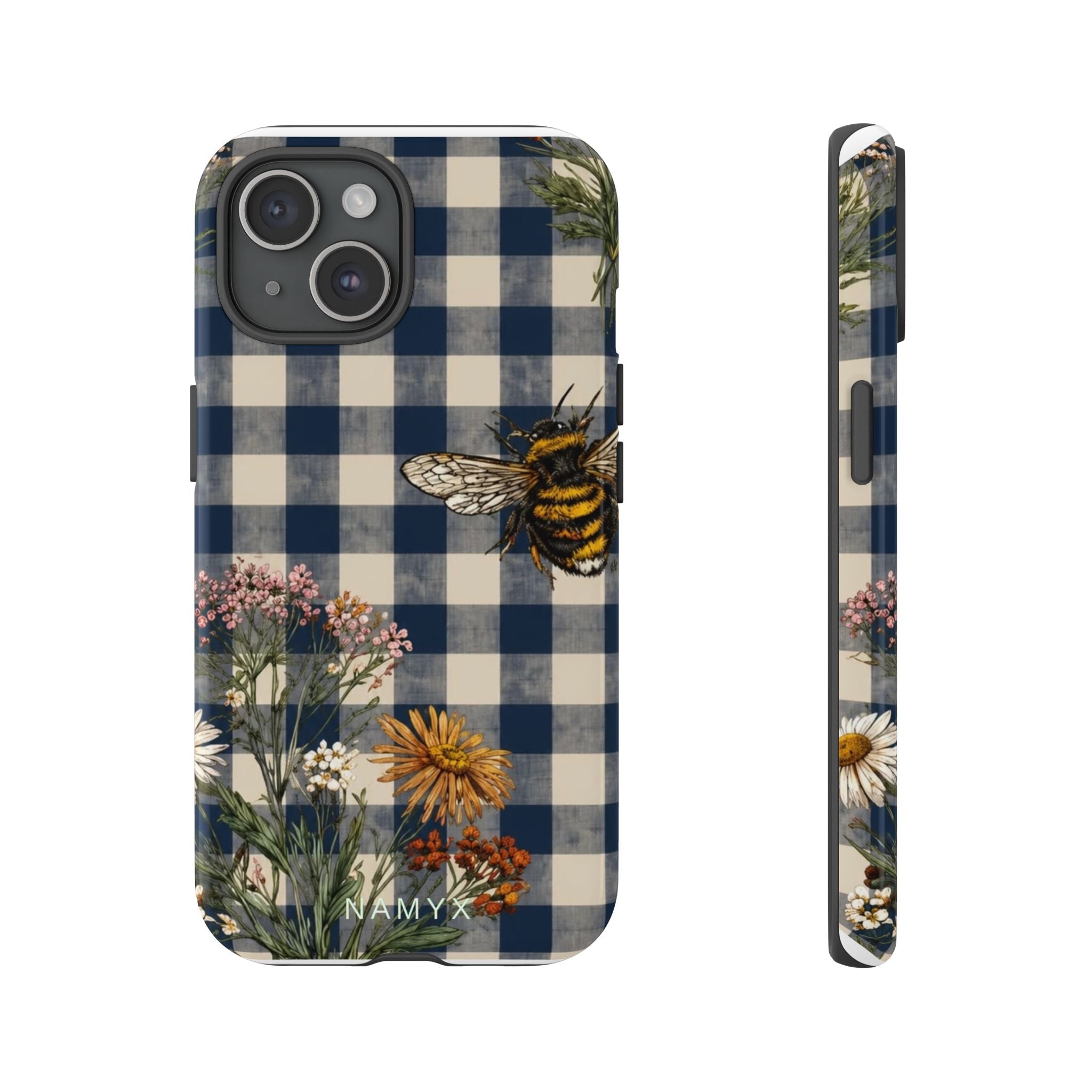 Bee & Wildflower Plaid Phone Case — Navy Buffalo Check Floral iPhone Cover