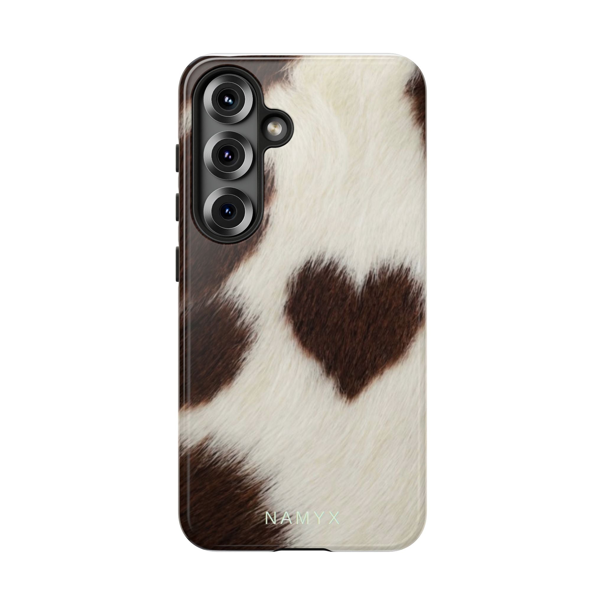 Cowhide Heart Phone Case — Cute Cow Print Protective iPhone Cover
