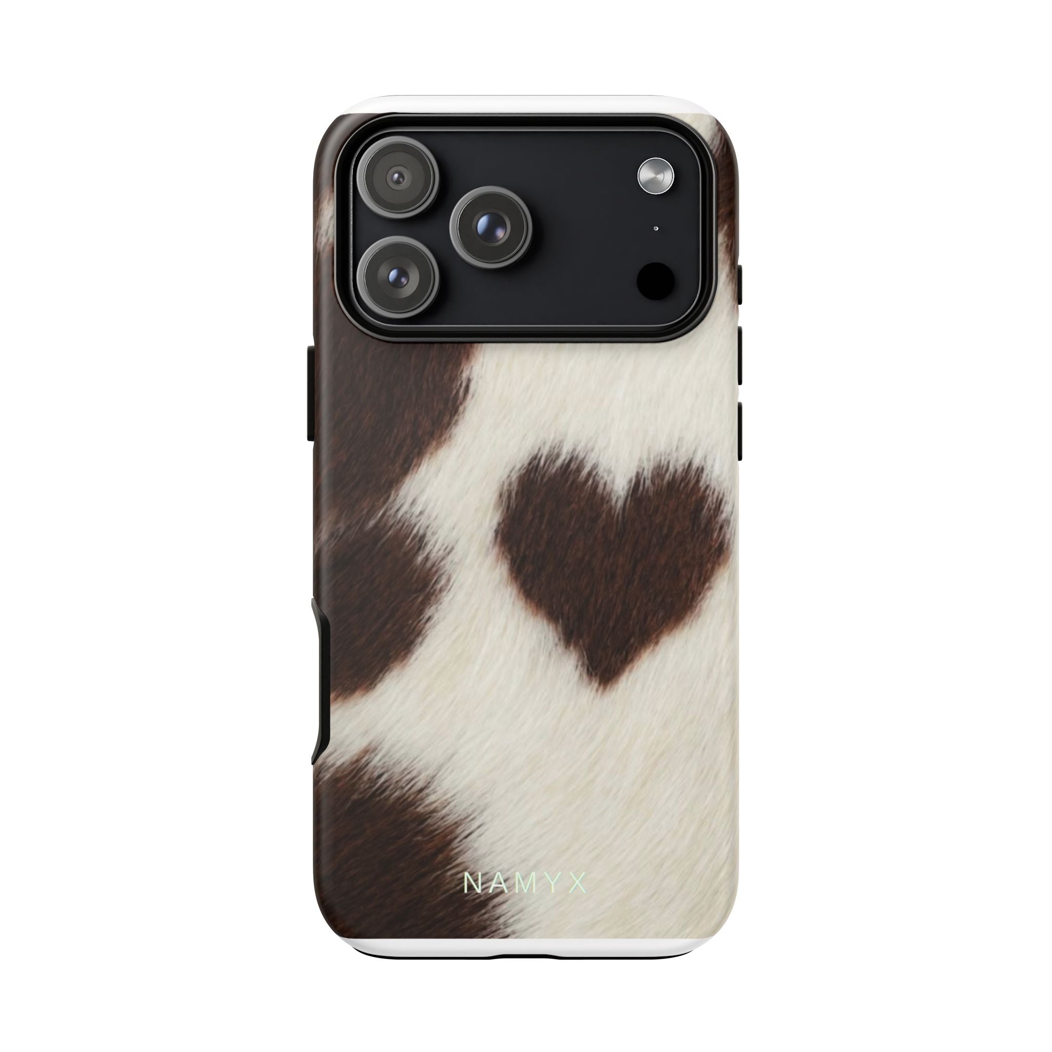 Cowhide Heart Phone Case — Cute Cow Print Protective iPhone Cover