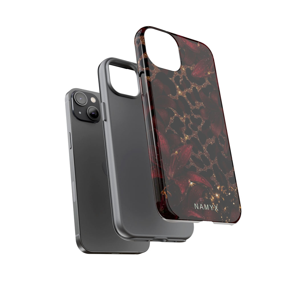 Protective Phone Case — Burgundy Floral & Gold Leopard Print Tough Case
