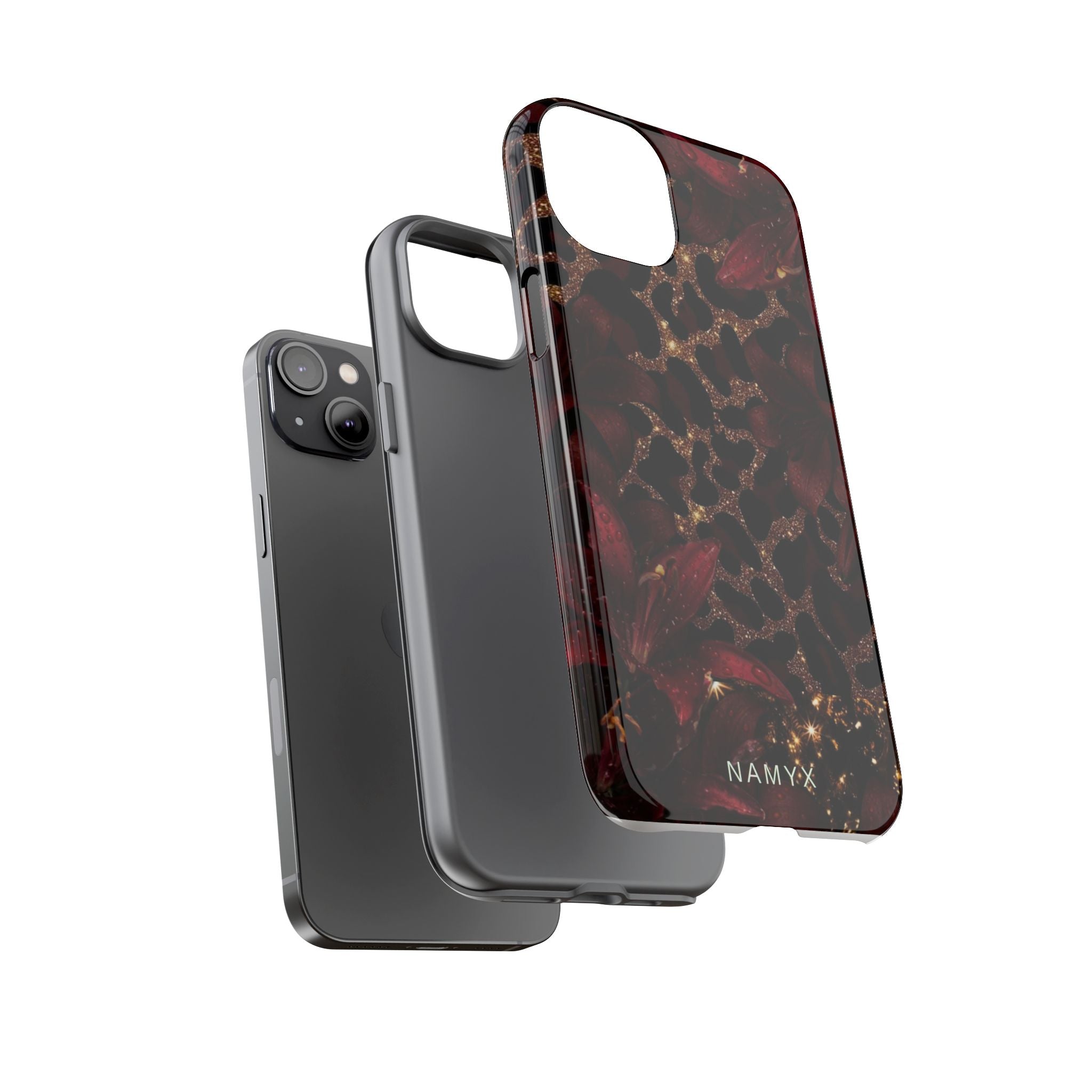 Protective Phone Case — Burgundy Floral & Gold Leopard Print Tough Case