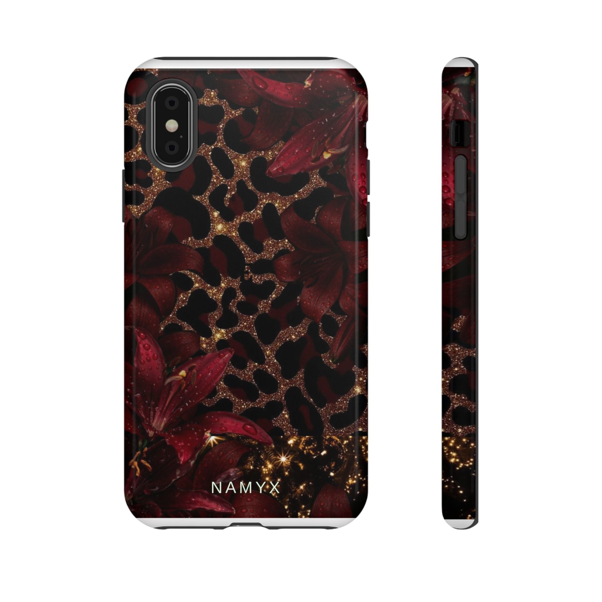 Protective Phone Case — Burgundy Floral & Gold Leopard Print Tough Case
