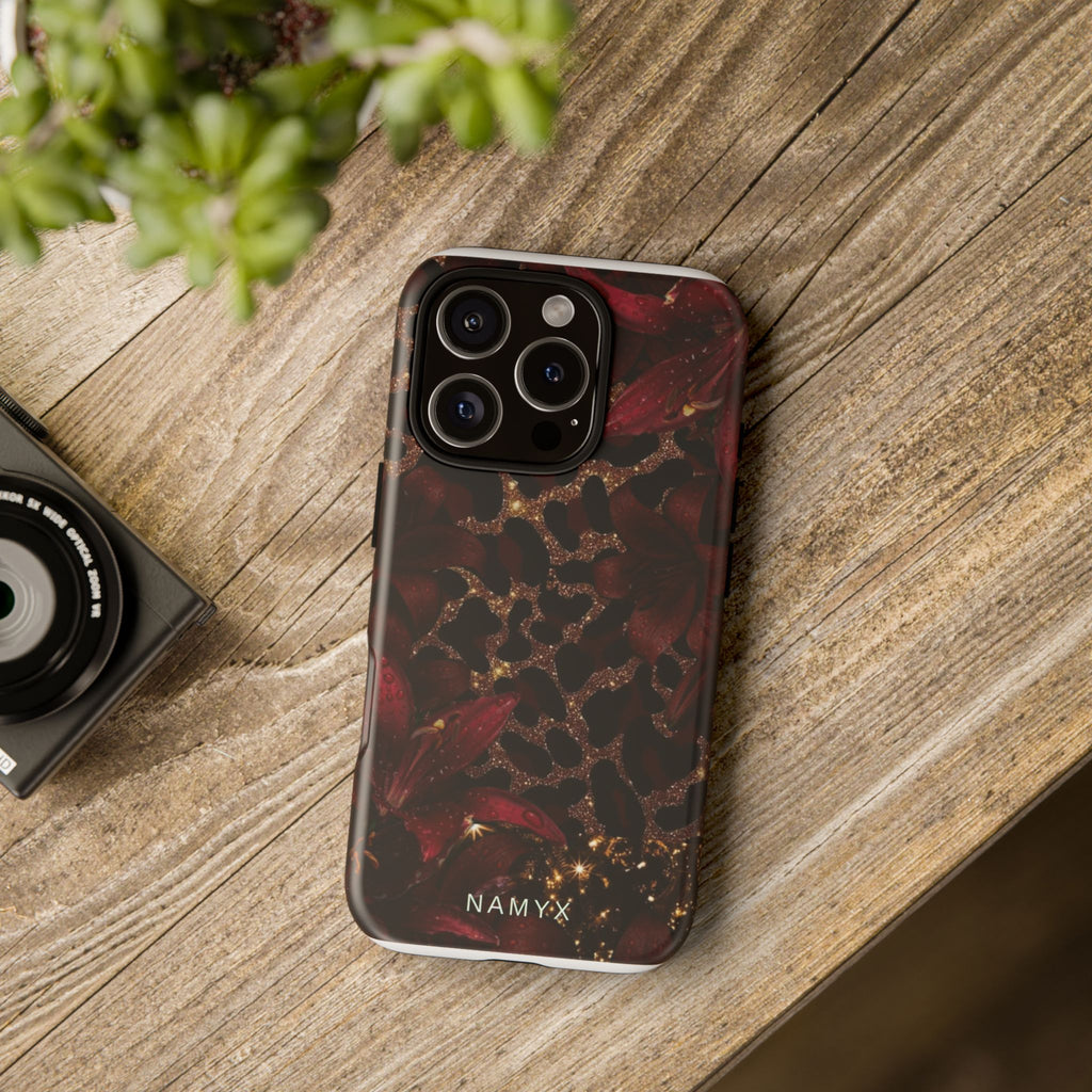 Protective Phone Case — Burgundy Floral & Gold Leopard Print Tough Case