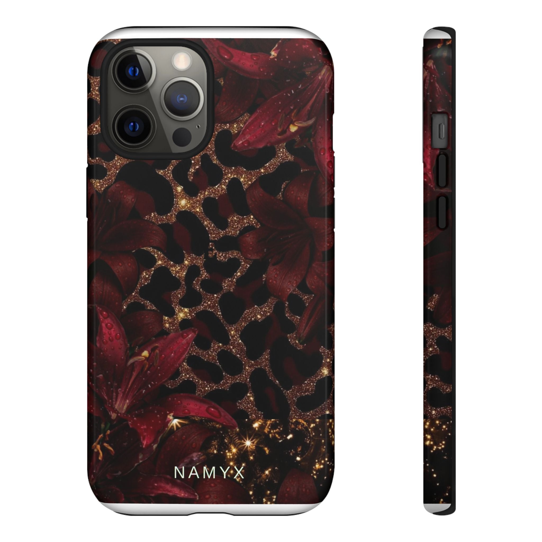 Protective Phone Case — Burgundy Floral & Gold Leopard Print Tough Case