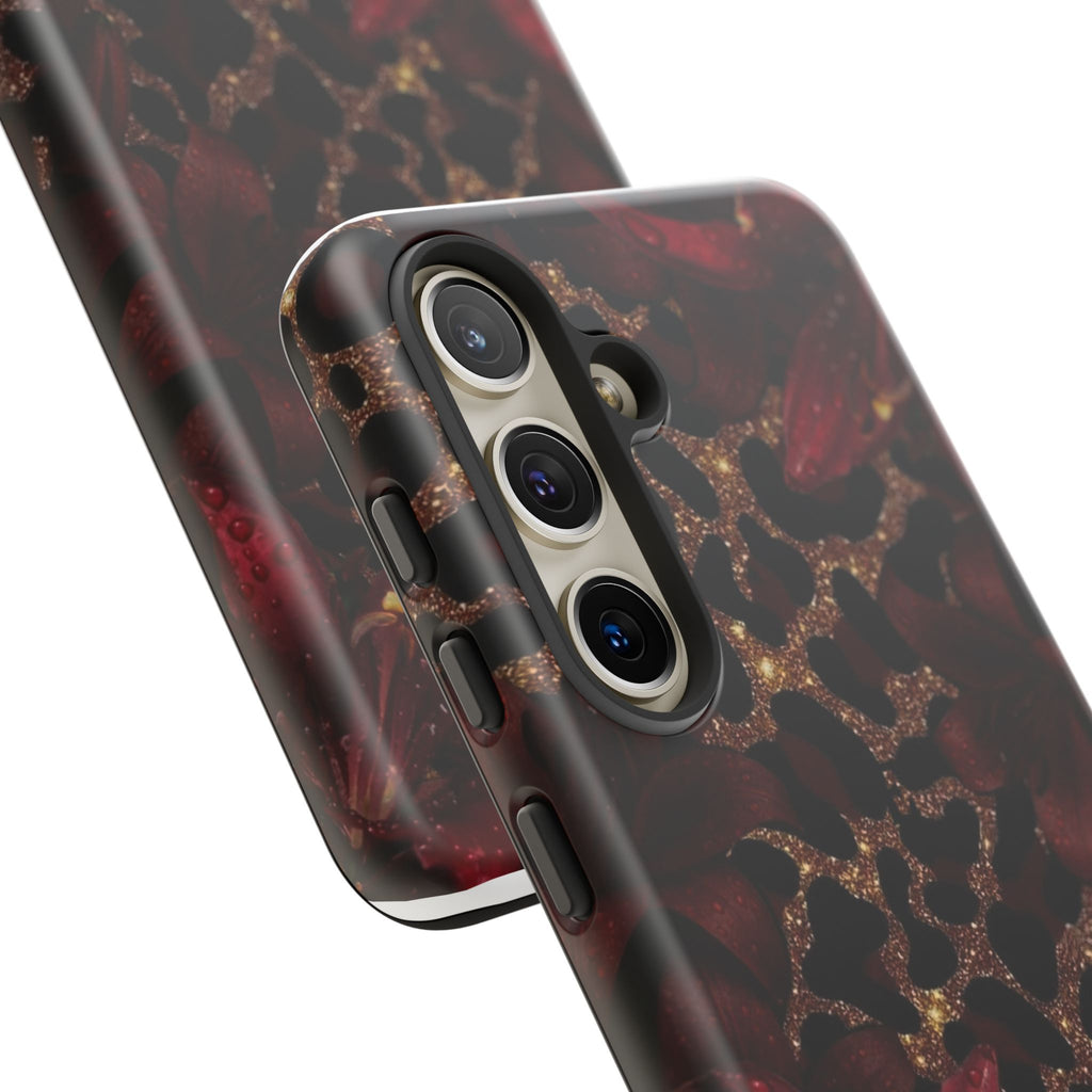 Protective Phone Case — Burgundy Floral & Gold Leopard Print Tough Case