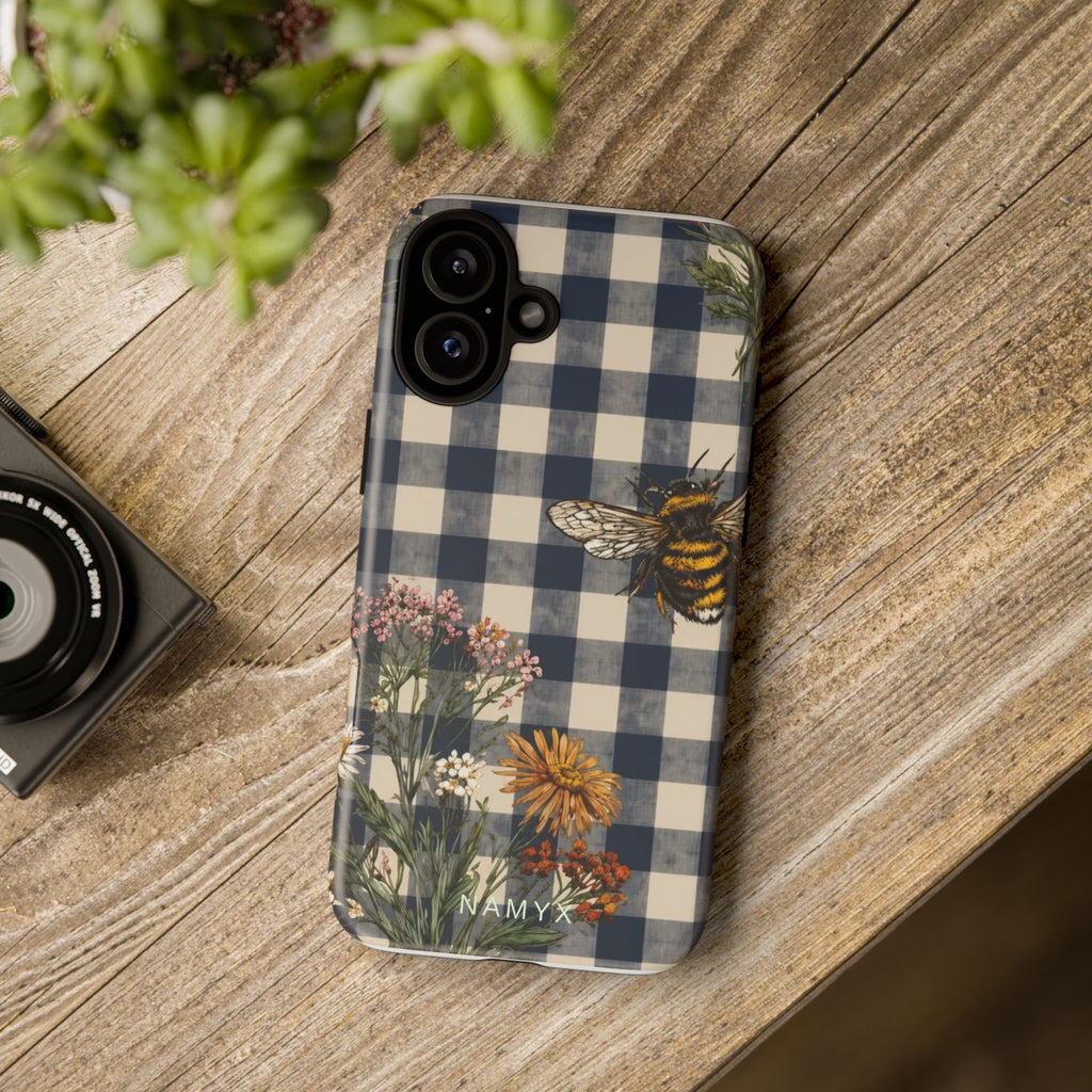 Bee & Wildflower Plaid Phone Case — Navy Buffalo Check Floral iPhone Cover
