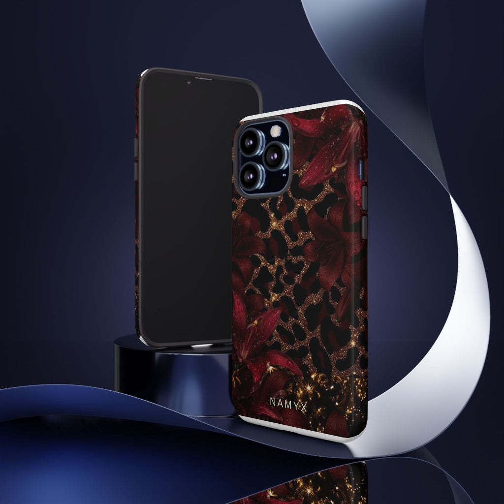 Protective Phone Case — Burgundy Floral & Gold Leopard Print Tough Case