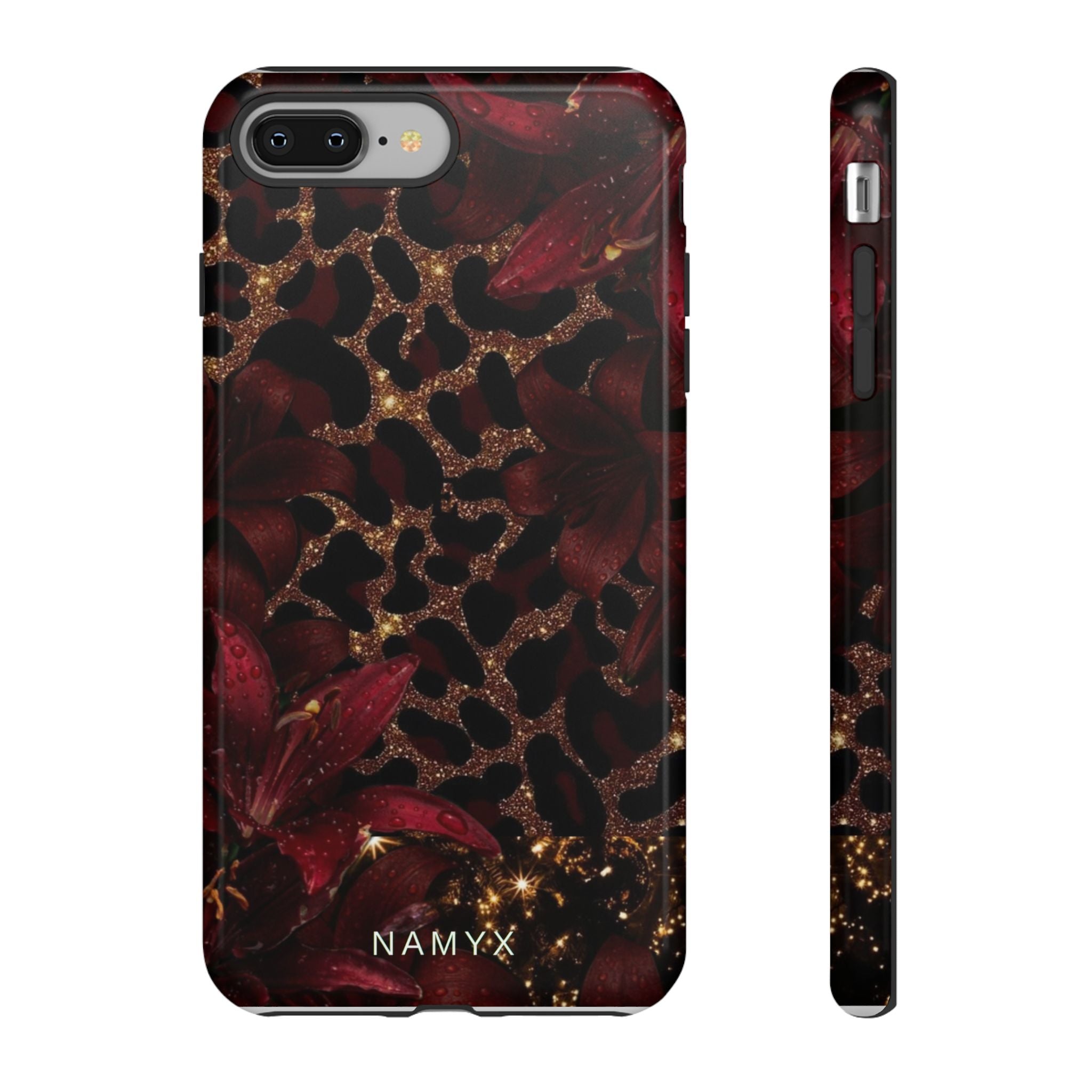 Protective Phone Case — Burgundy Floral & Gold Leopard Print Tough Case