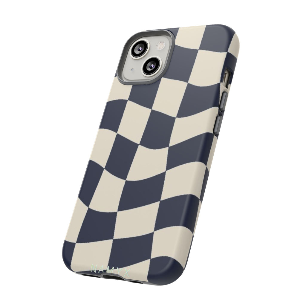 Wavy Checkered Phone Case – Retro Navy Racing Pattern Tough Case