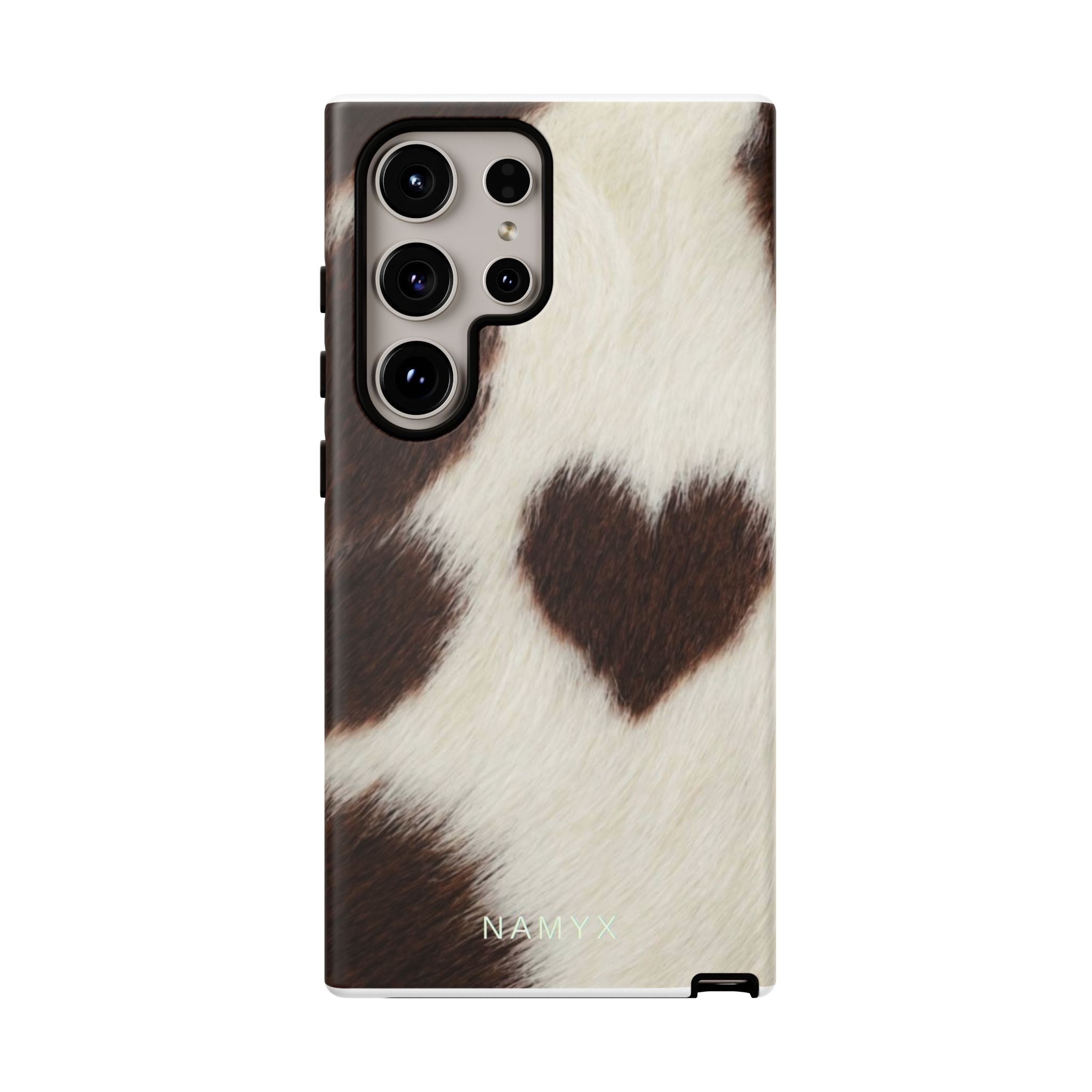Cowhide Heart Phone Case — Cute Cow Print Protective iPhone Cover