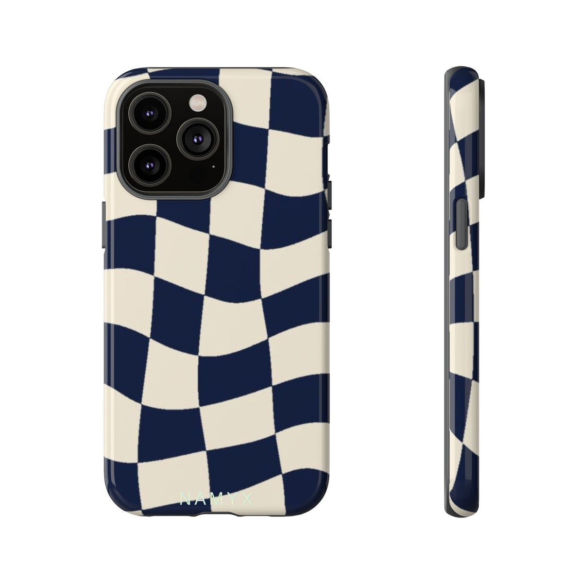 Wavy Checkered Phone Case – Retro Navy Racing Pattern Tough Case