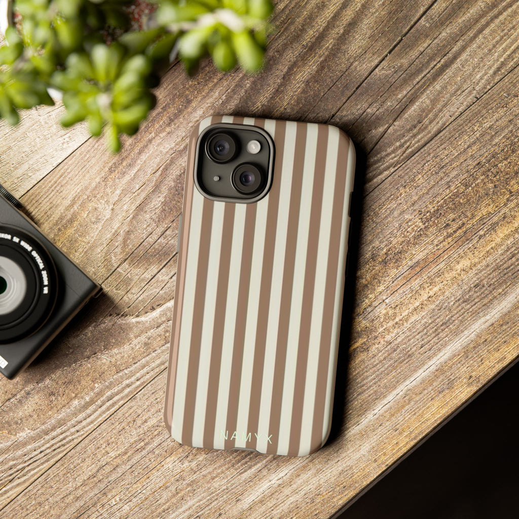 Striped Beige Phone Case — Classic Vertical Brown & Cream Stripe Tough Case