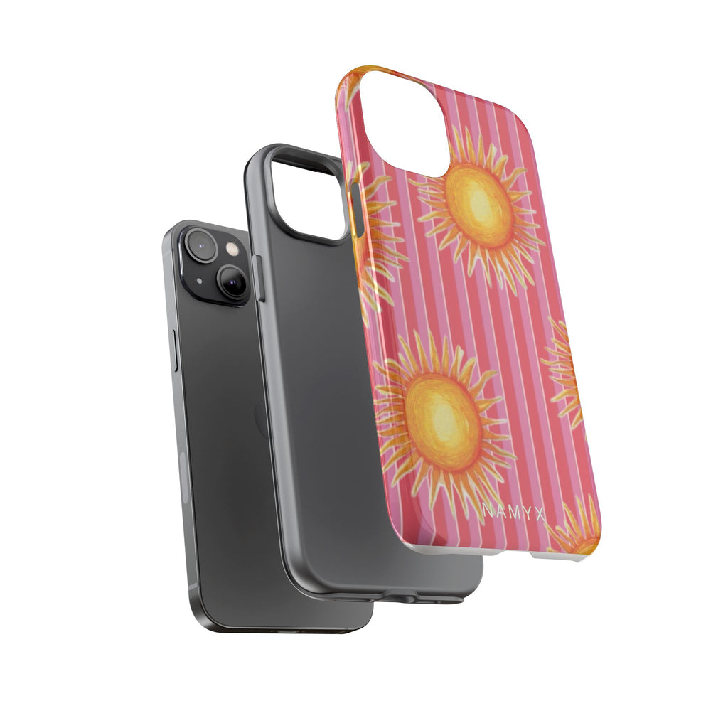 Sunburst Stripe Tough Phone Case — Bright Yellow Sun Pattern on Pink