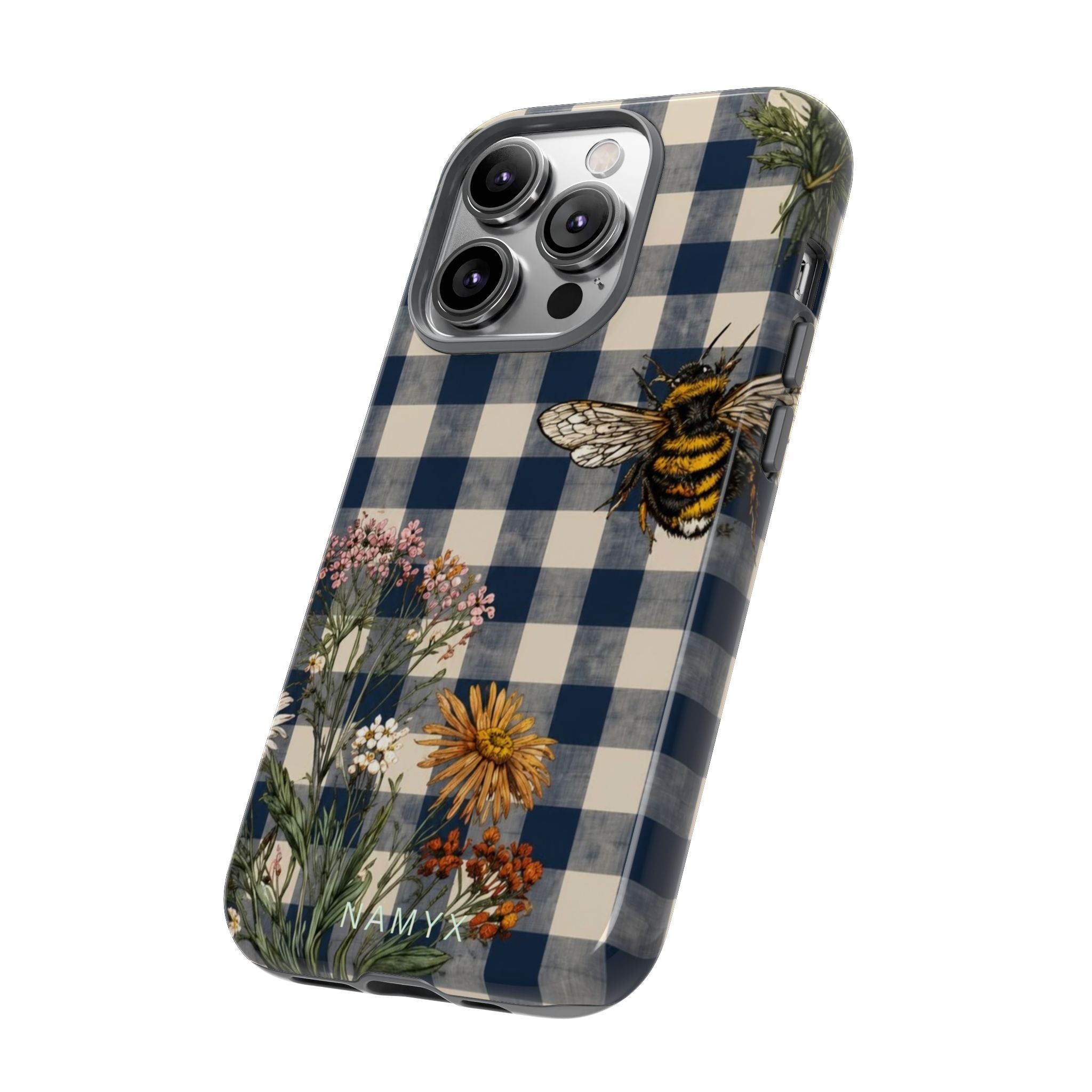 Bee & Wildflower Plaid Phone Case — Navy Buffalo Check Floral iPhone Cover