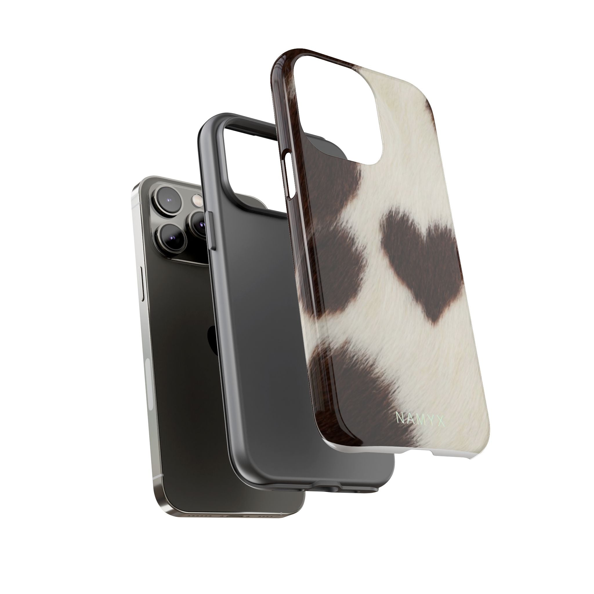 Cowhide Heart Phone Case — Cute Cow Print Protective iPhone Cover
