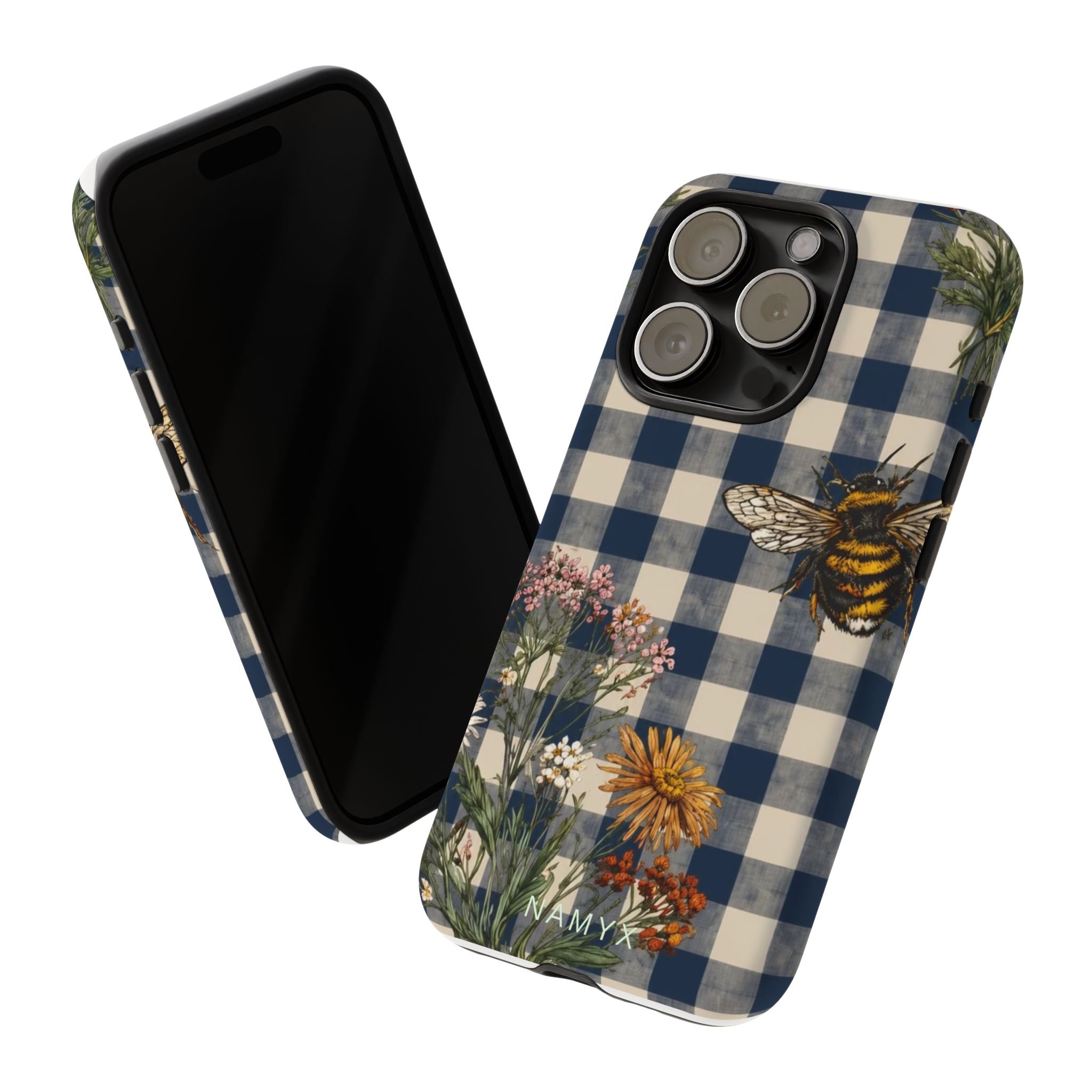 Bee & Wildflower Plaid Phone Case — Navy Buffalo Check Floral iPhone Cover