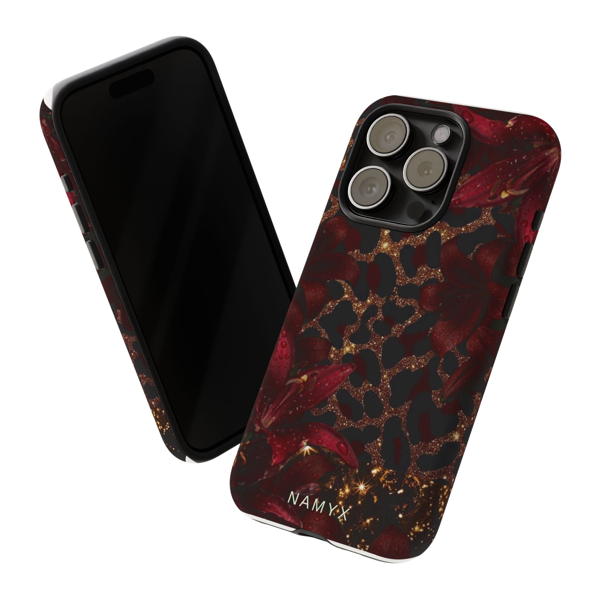 Protective Phone Case — Burgundy Floral & Gold Leopard Print Tough Case