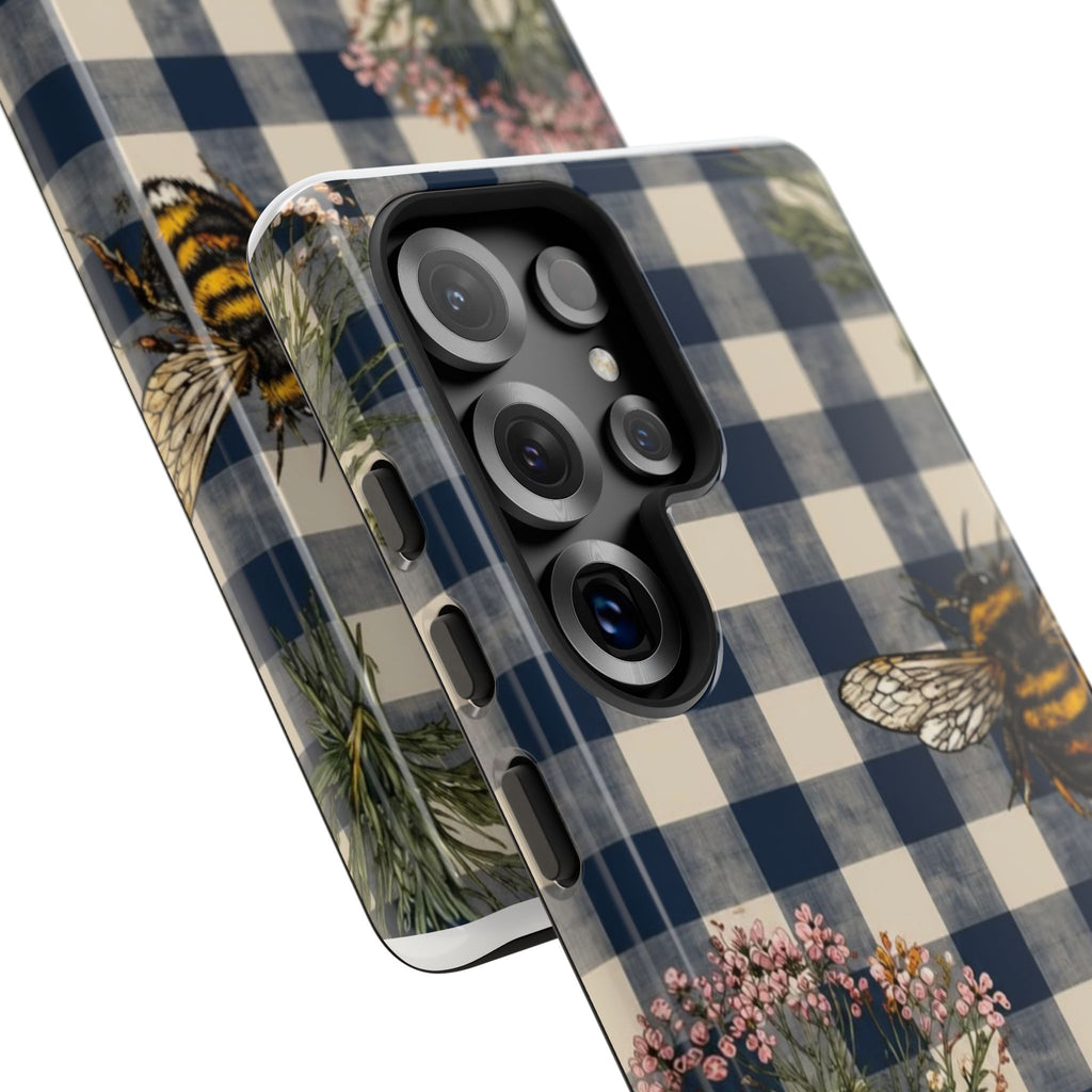 Bee & Wildflower Plaid Phone Case — Navy Buffalo Check Floral iPhone Cover