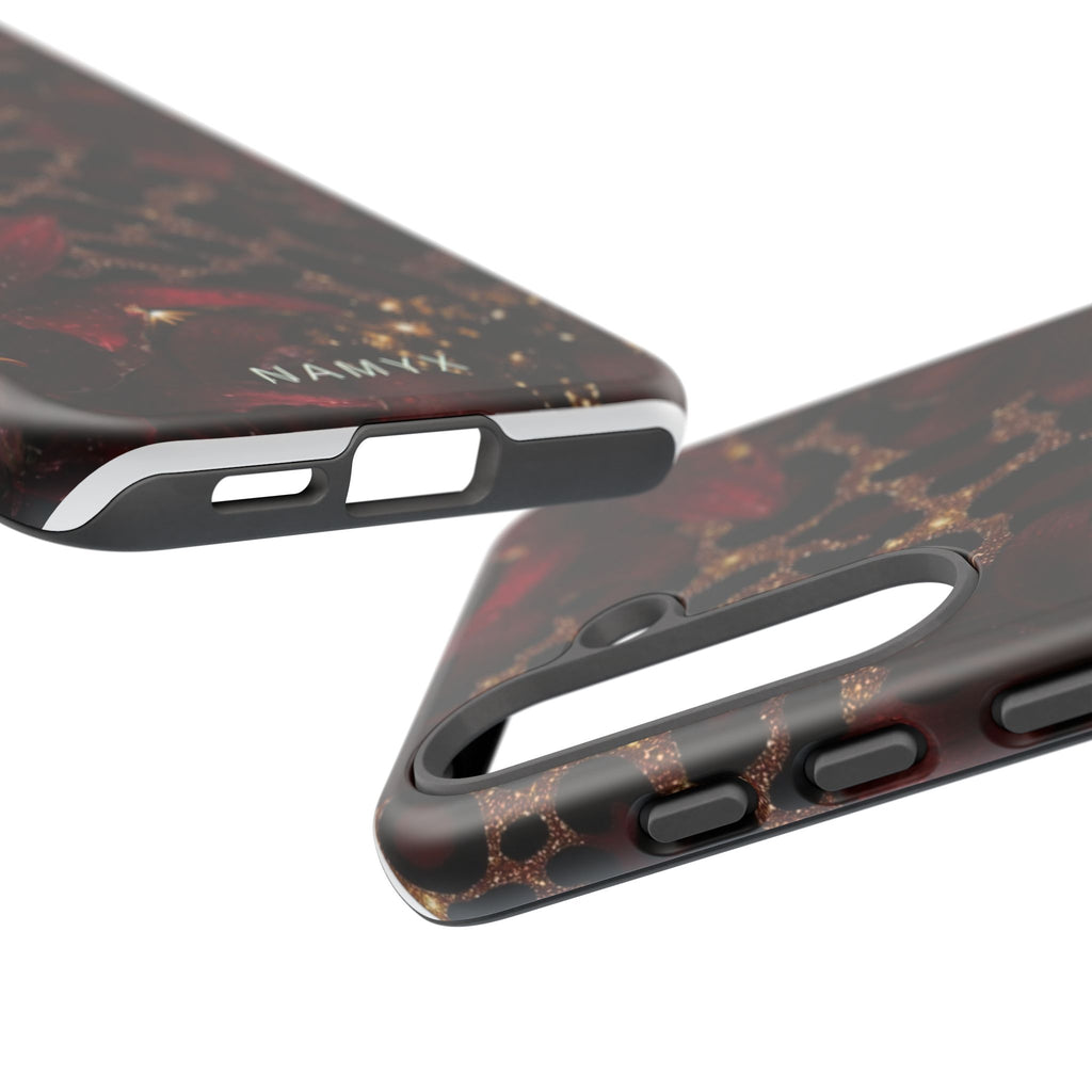 Protective Phone Case — Burgundy Floral & Gold Leopard Print Tough Case