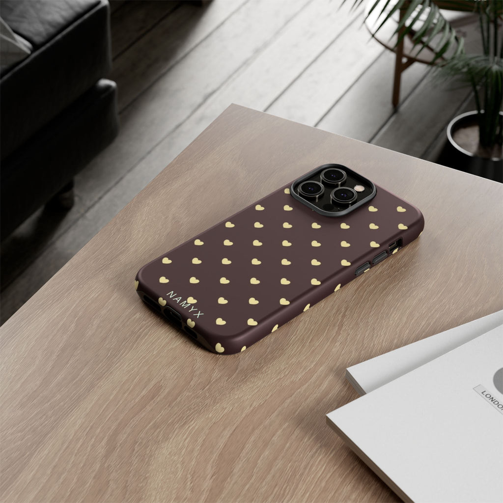 Tough Case — Brown Phone Case with Cream Heart Pattern