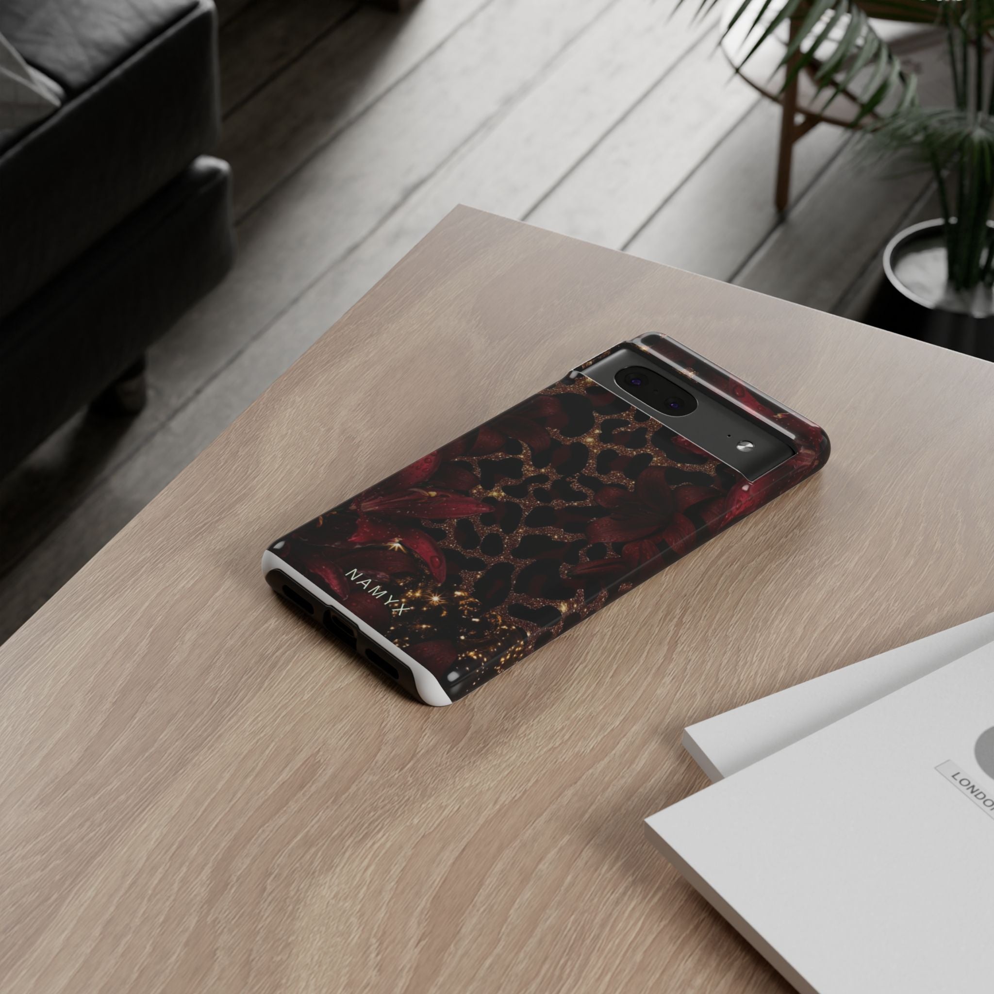 Protective Phone Case — Burgundy Floral & Gold Leopard Print Tough Case
