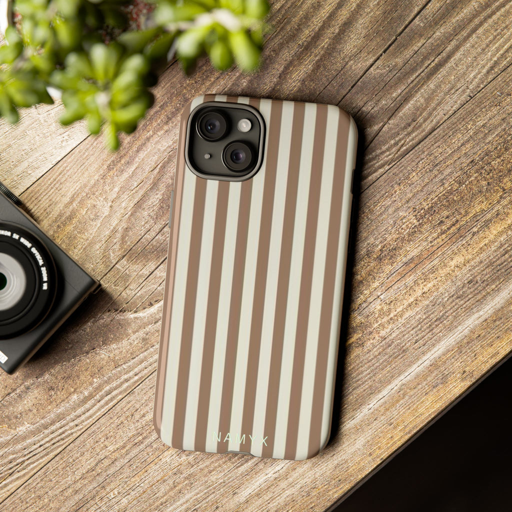 Striped Beige Phone Case — Classic Vertical Brown & Cream Stripe Tough Case