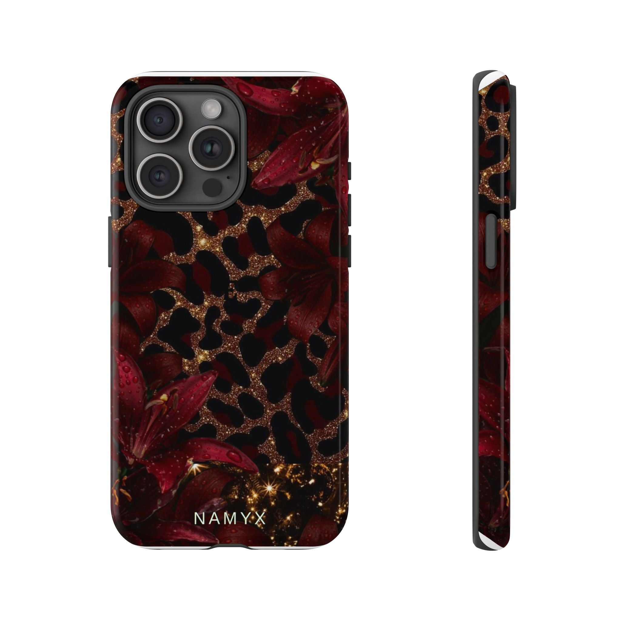 Protective Phone Case — Burgundy Floral & Gold Leopard Print Tough Case