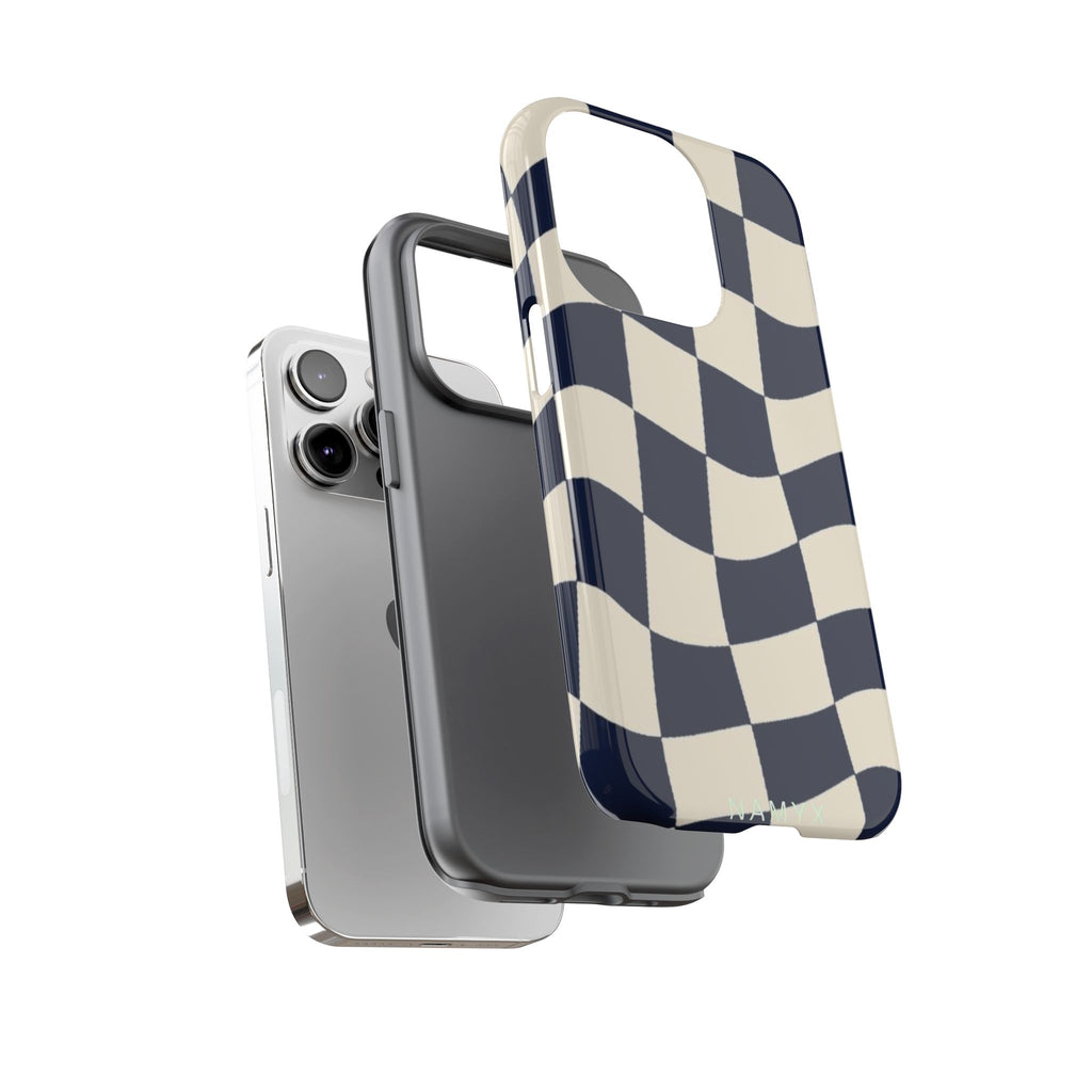 Wavy Checkered Phone Case – Retro Navy Racing Pattern Tough Case
