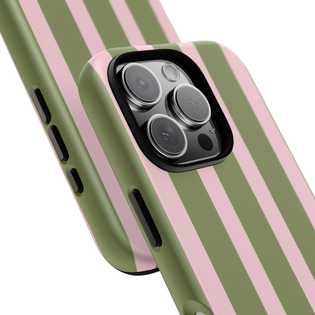 Striped Olive & Blush Tough Phone Case — Durable Protective Phone Cover