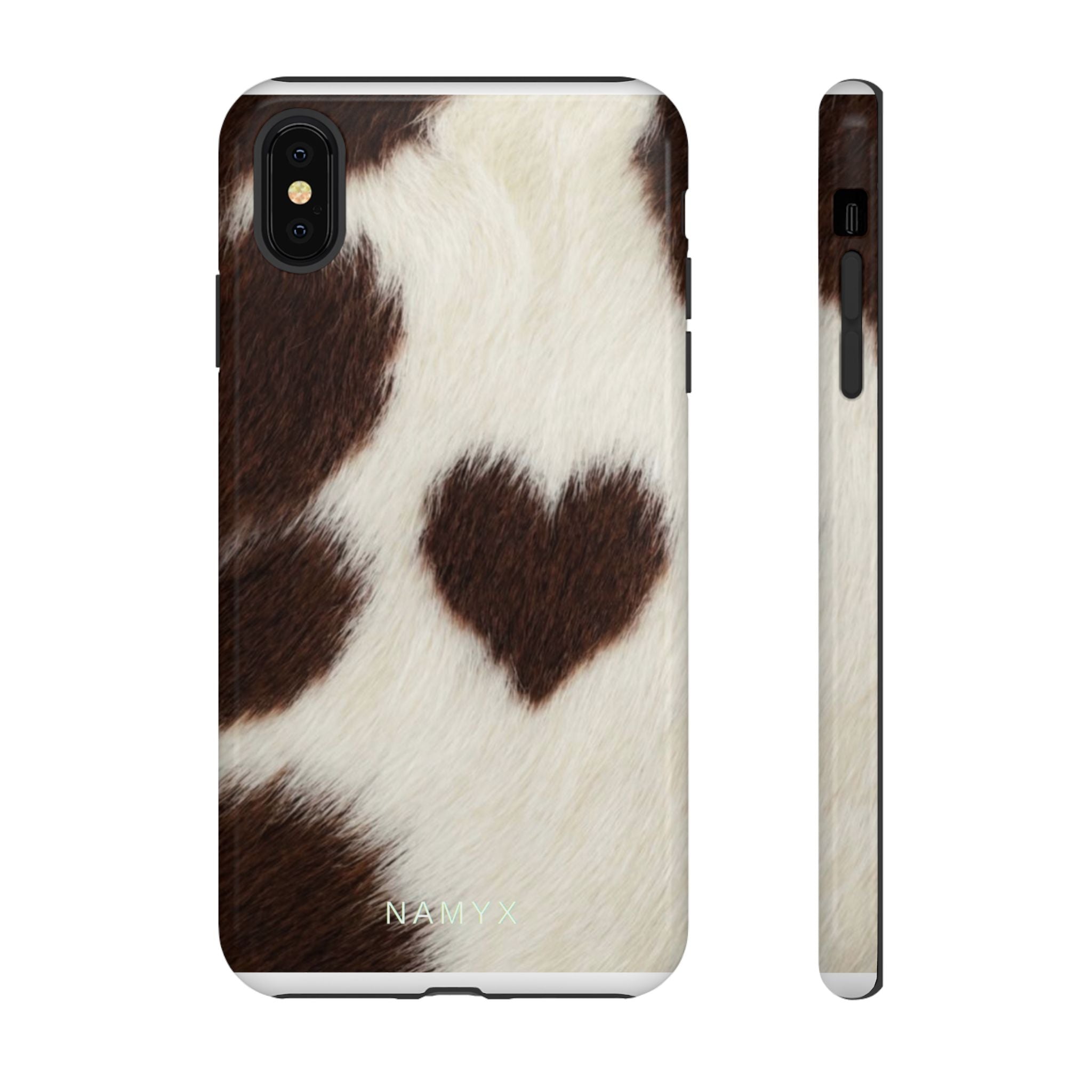Cowhide Heart Phone Case — Cute Cow Print Protective iPhone Cover