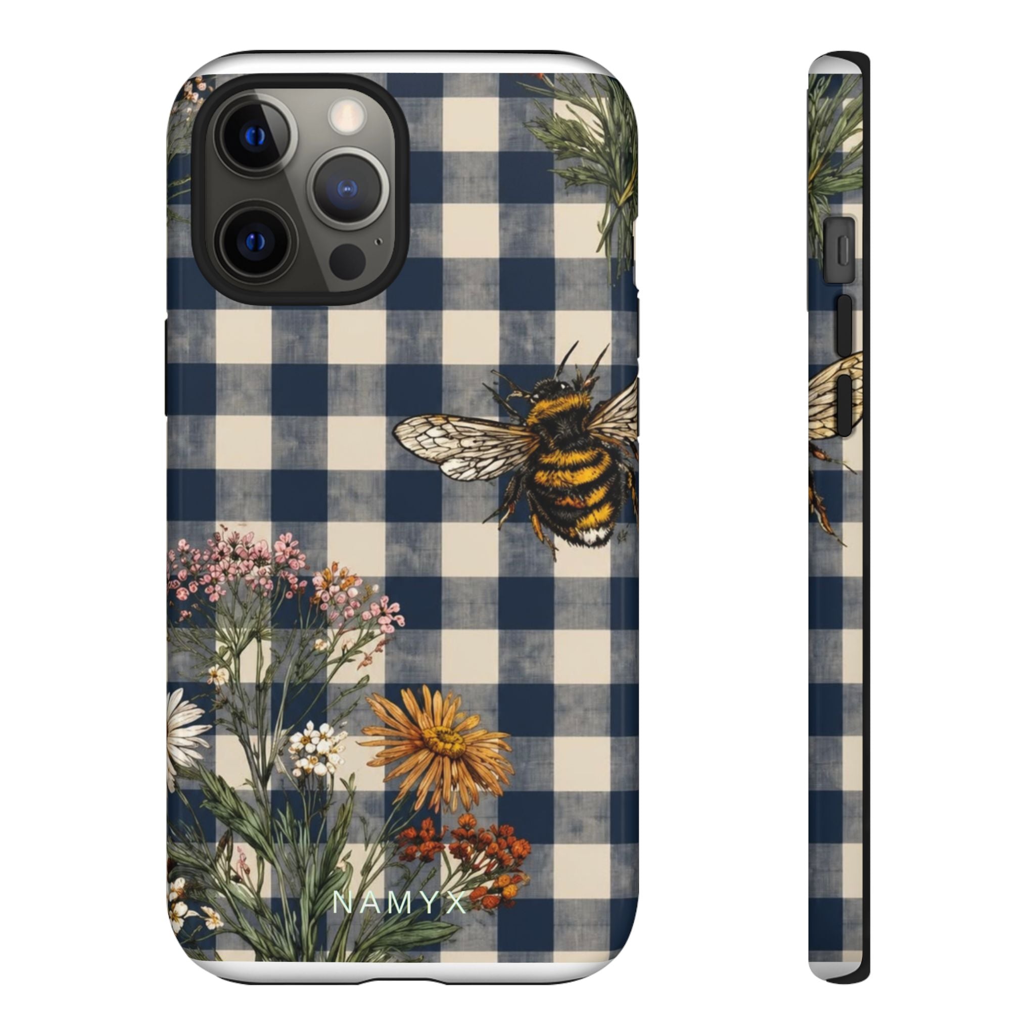 Bee & Wildflower Plaid Phone Case — Navy Buffalo Check Floral iPhone Cover