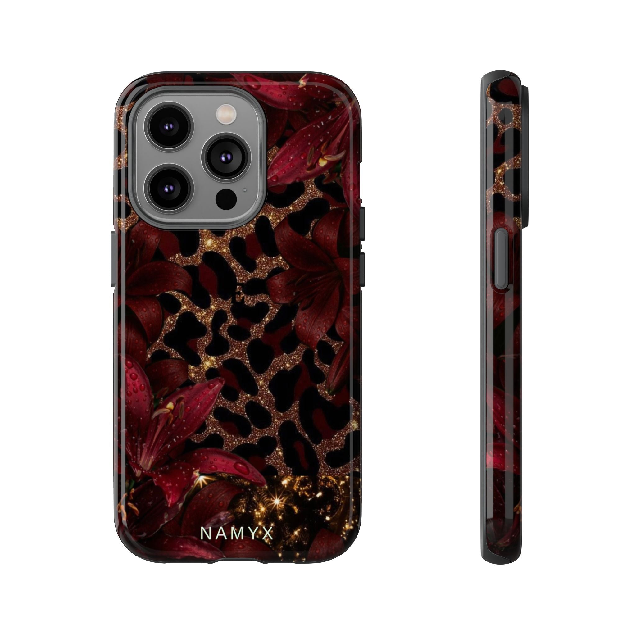 Protective Phone Case — Burgundy Floral & Gold Leopard Print Tough Case