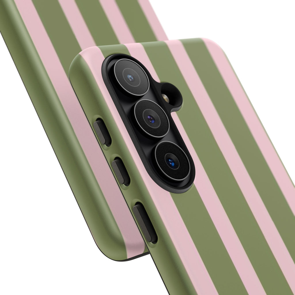 Striped Olive & Blush Tough Phone Case — Durable Protective Phone Cover