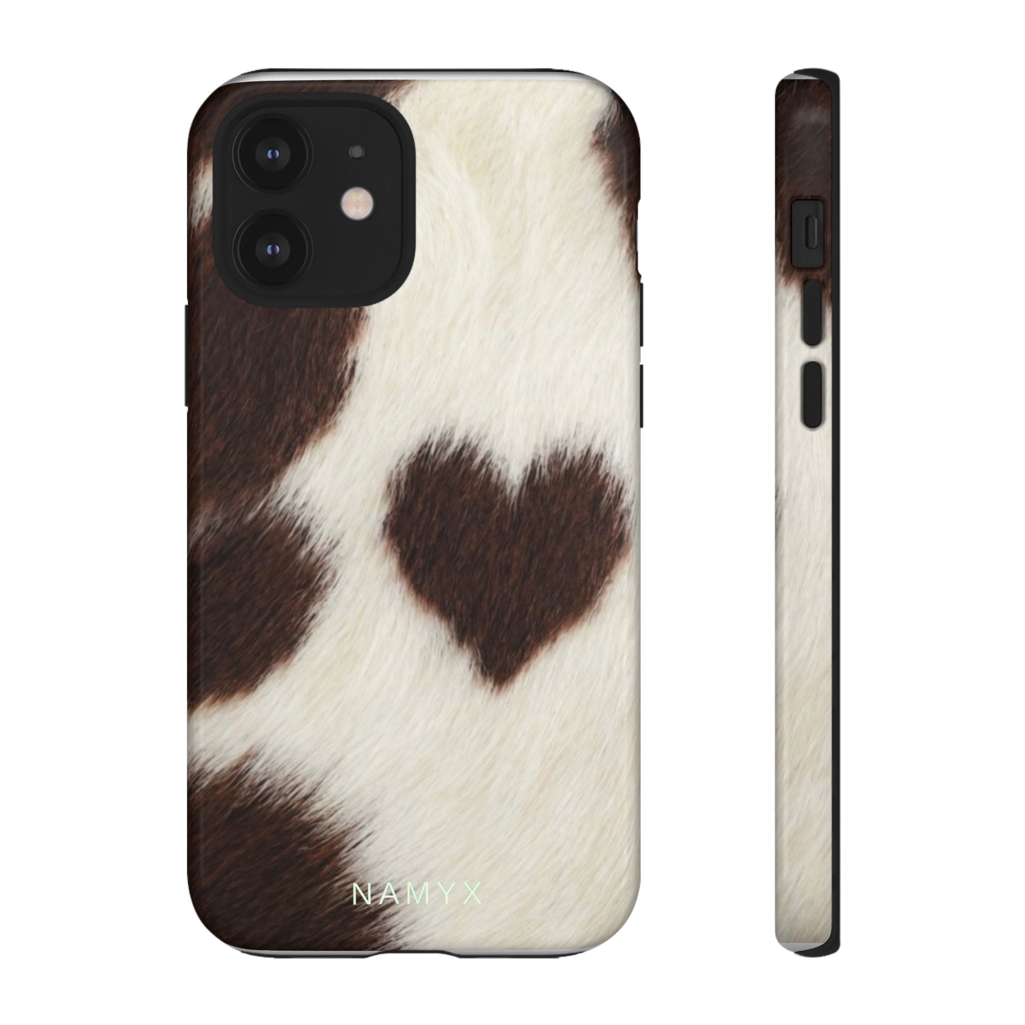 Cowhide Heart Phone Case — Cute Cow Print Protective iPhone Cover