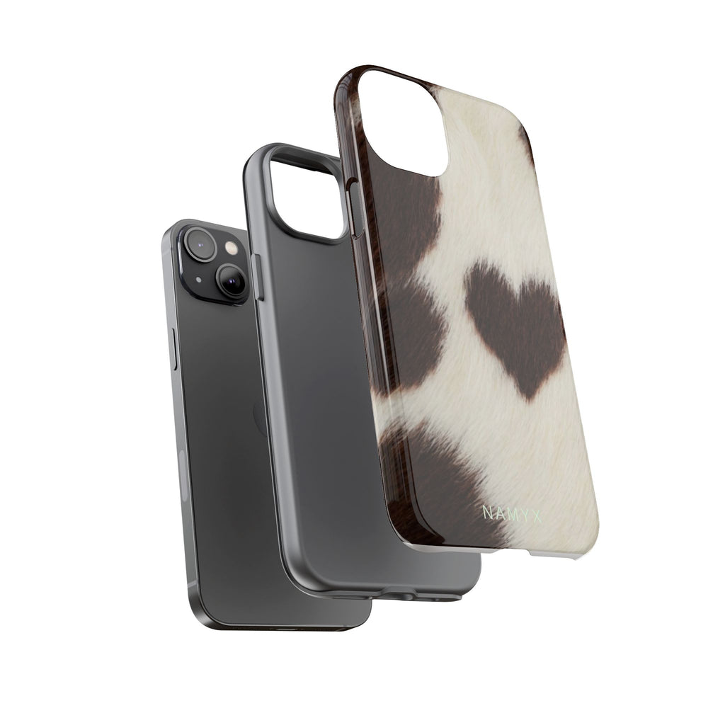 Cowhide Heart Phone Case — Cute Cow Print Protective iPhone Cover
