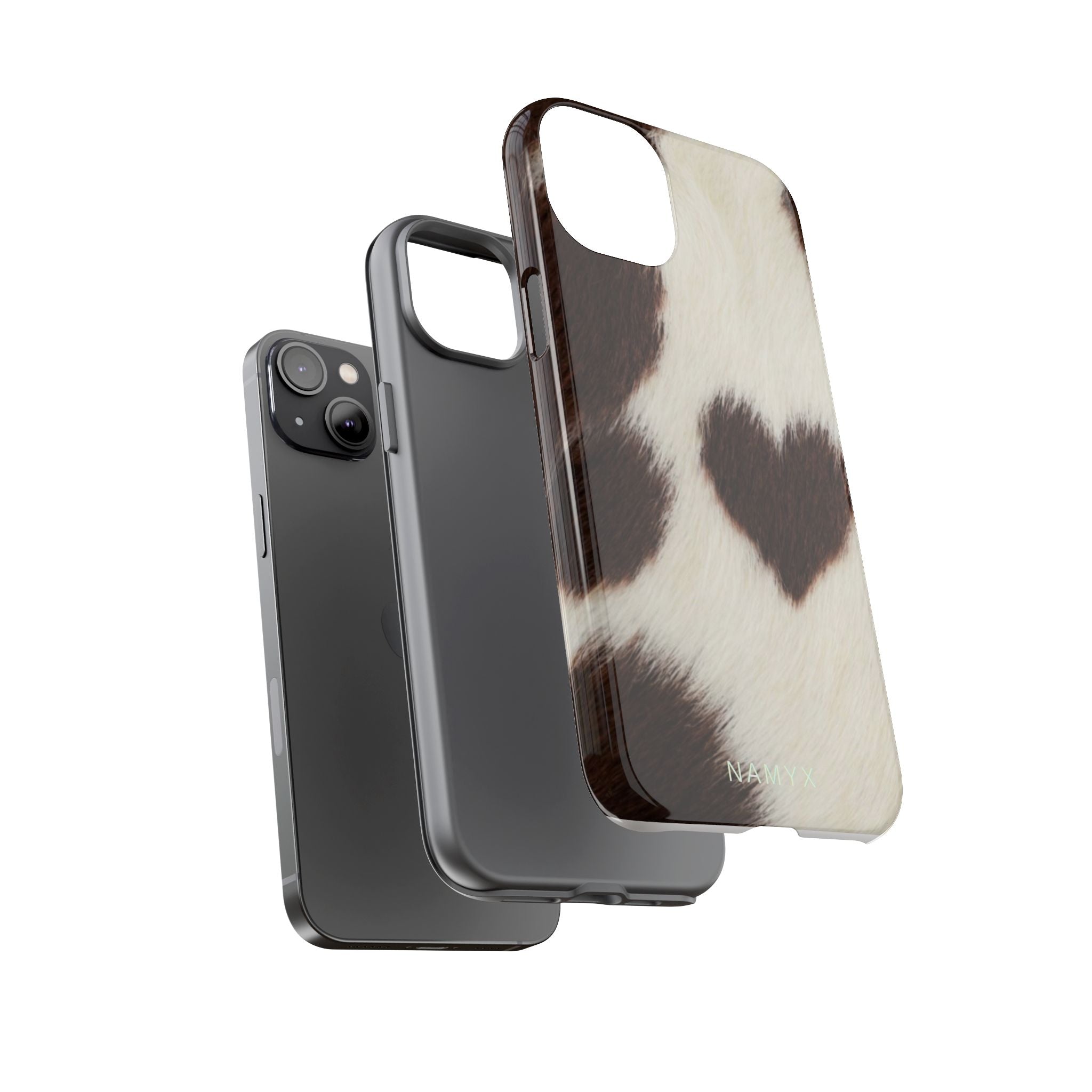 Cowhide Heart Phone Case — Cute Cow Print Protective iPhone Cover