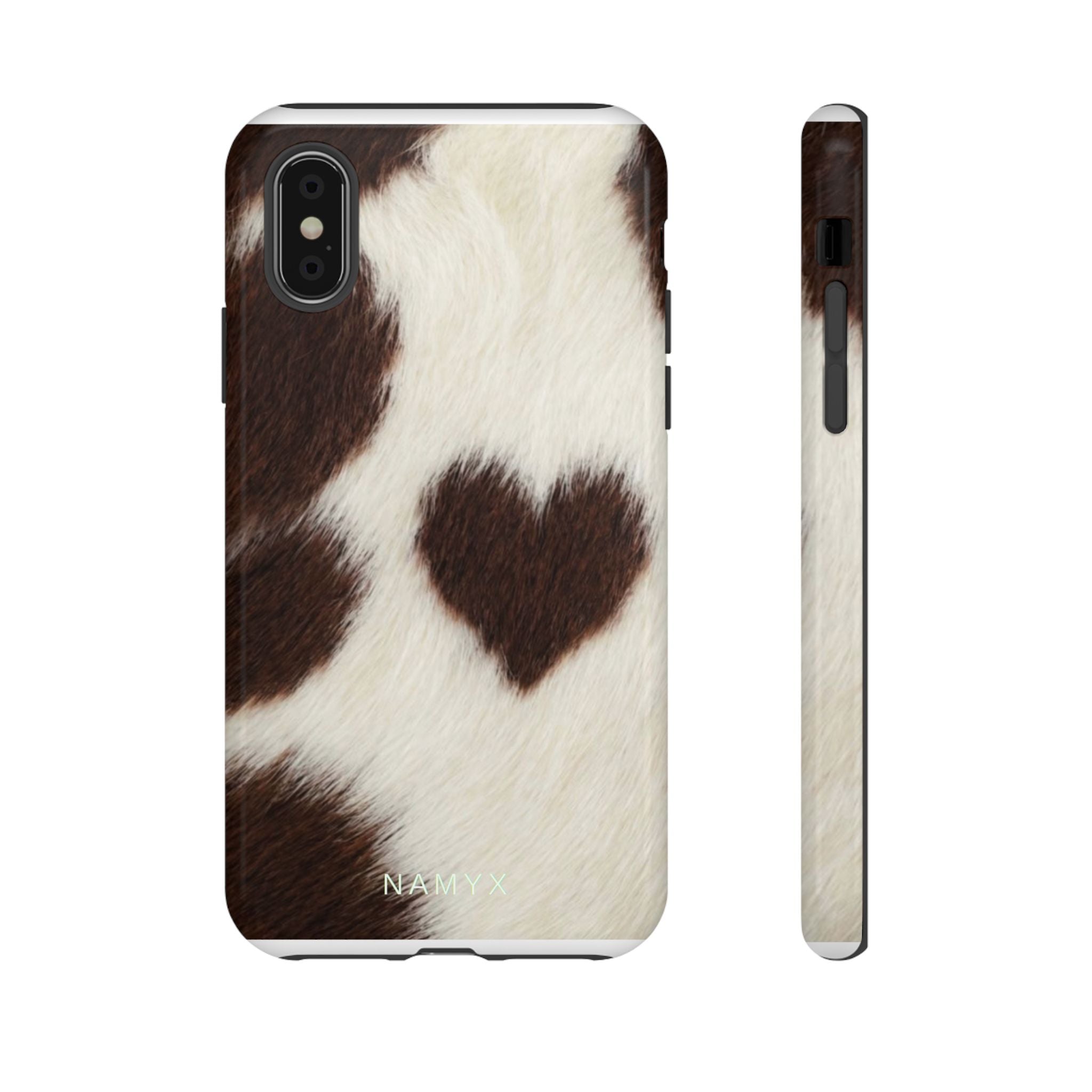 Cowhide Heart Phone Case — Cute Cow Print Protective iPhone Cover