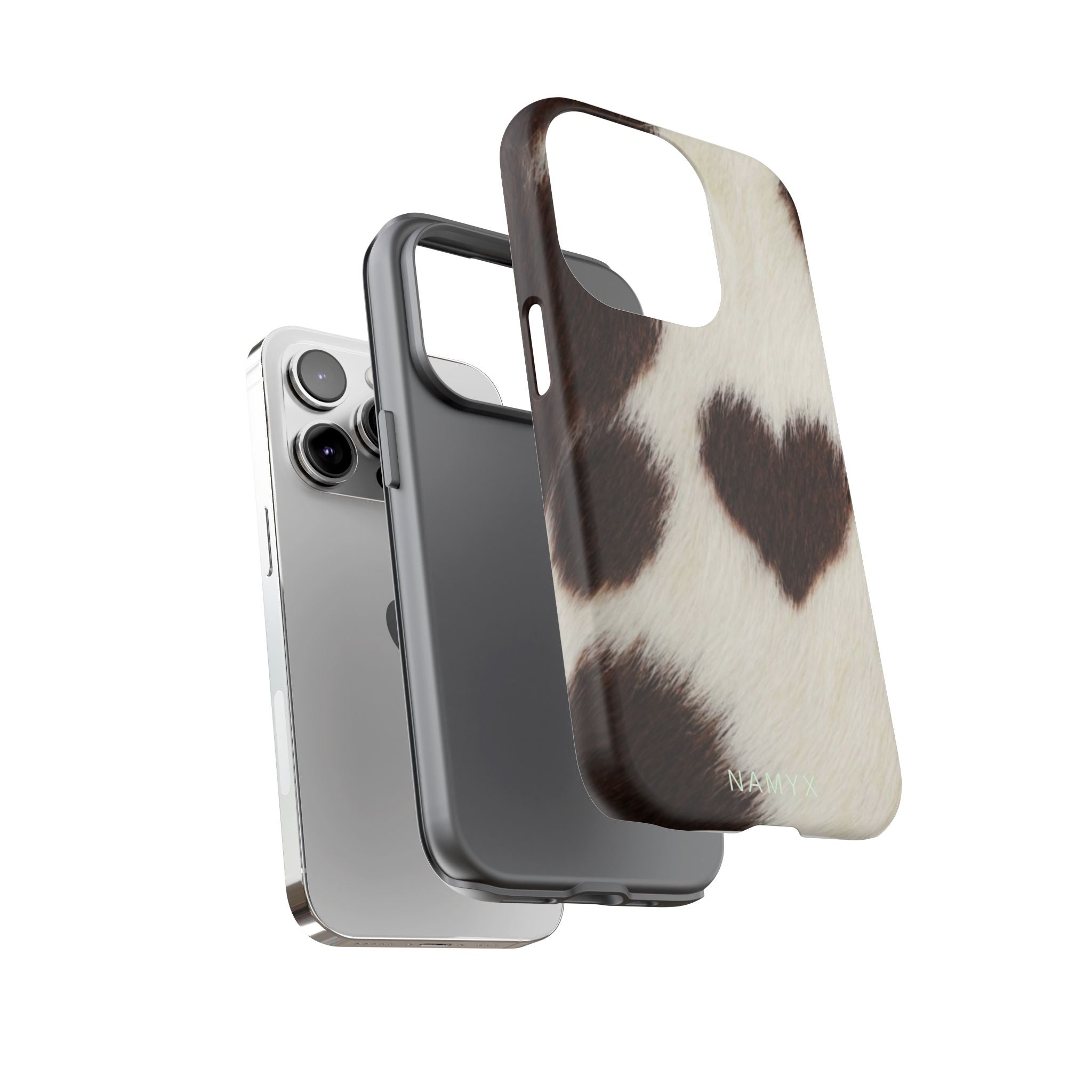Cowhide Heart Phone Case — Cute Cow Print Protective iPhone Cover