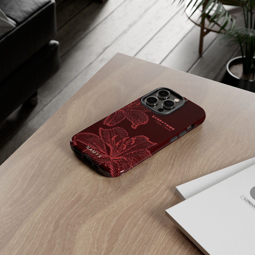 Floral Tough Phone Case — 'Everything' Burgundy Protective Cover