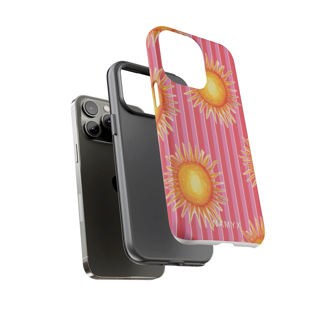 Sunburst Stripe Tough Phone Case — Bright Yellow Sun Pattern on Pink