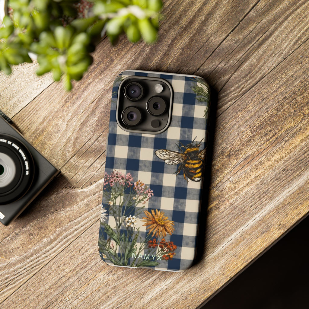 Bee & Wildflower Plaid Phone Case — Navy Buffalo Check Floral iPhone Cover
