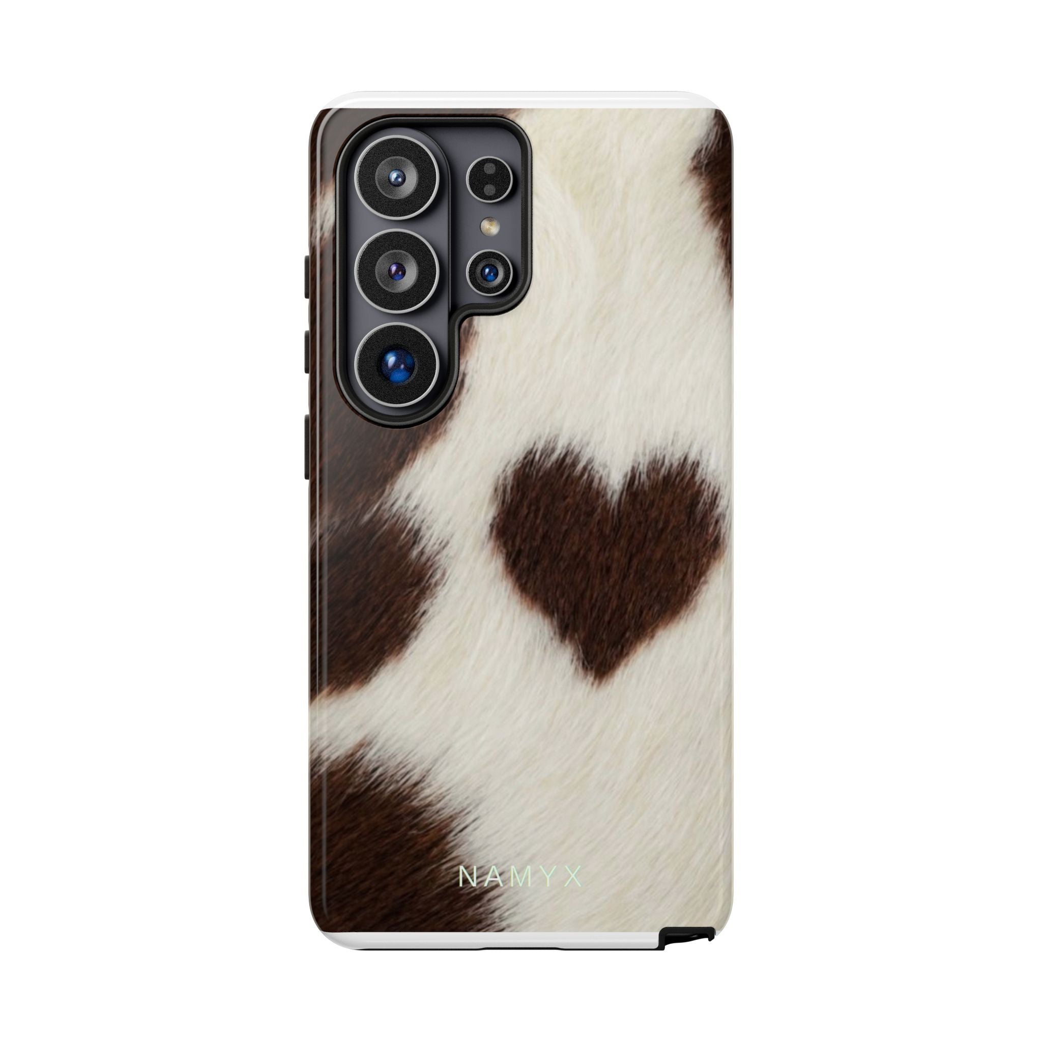 Cowhide Heart Phone Case — Cute Cow Print Protective iPhone Cover