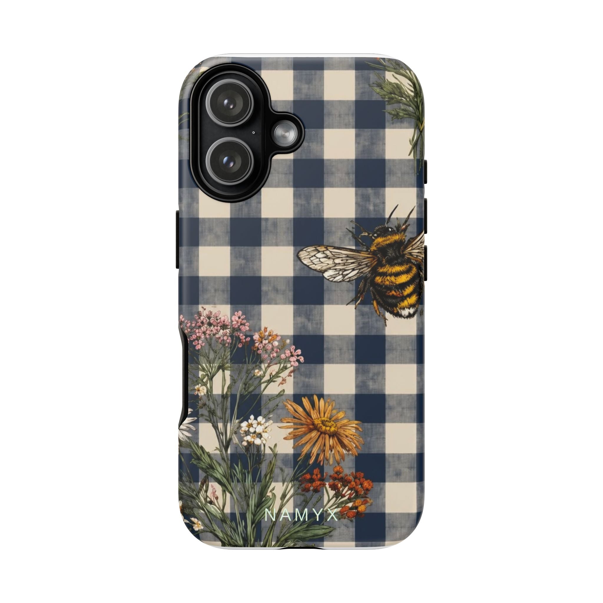 Bee & Wildflower Plaid Phone Case — Navy Buffalo Check Floral iPhone Cover