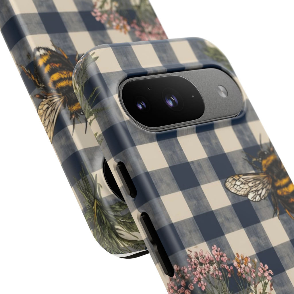 Bee & Wildflower Plaid Phone Case — Navy Buffalo Check Floral iPhone Cover